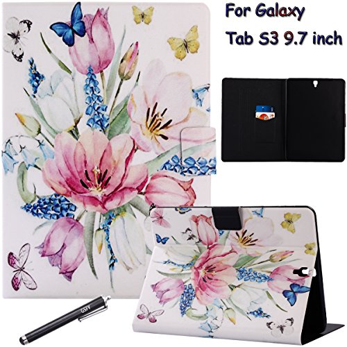 Samsung Galaxy Tab S3 9.7 Case, Newshine Smart Auto Sleep/Wake Portfolio Case Flip Stand Cover for Samsung Galaxy Tab S3 Tablet - 9.7 Inch (SM-T820, SM-T825) 2017 Release - Spring Flower