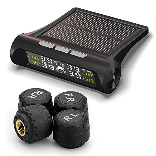 TUTUO Auto TPMS Tire Pressure Monitor System, Wireless Solar Power with LCD Display, Tire Pressure Gauge with 4 External Cap Sensors