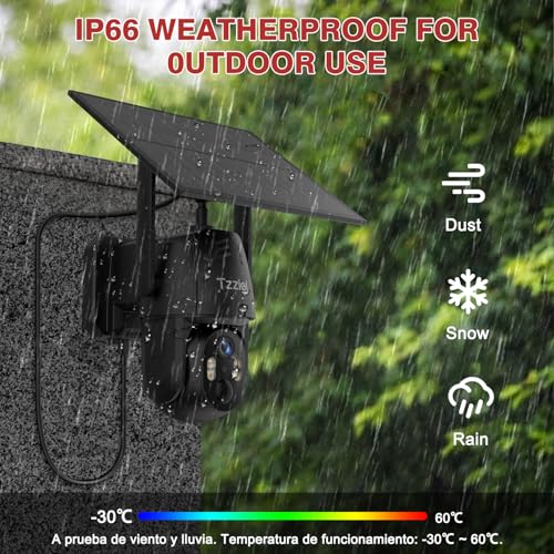 Tzziel 4G LTE Solar Outdoor Surveillance Camera Without WiFi with SIM Card, 2K PTZ Wireless, 10400mAh, 6W Solar Panel, 360° Viewing, Motion Detection, Two-Way Audio, IP66