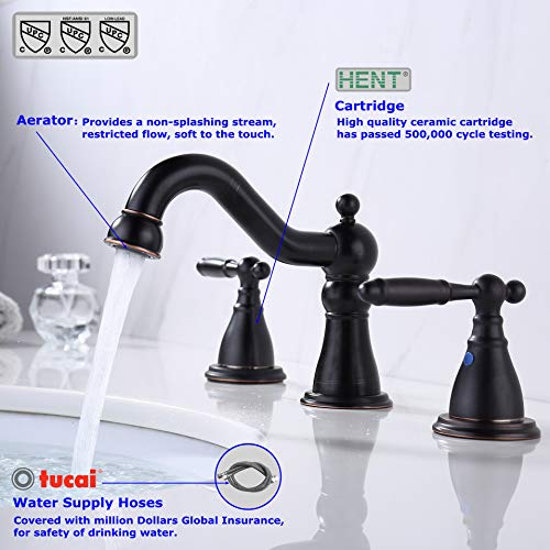 RKF Two Handle Widespread Bathroom Sink Faucet with Pop-up Drain with overflow and Faucet Supply Hoses,Oil Rubbed Bronze,WF013-4-ORB