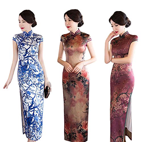 Meijunter Chinese Women Qipao Long Evening Dress Floral Printed Silk Cheongsam