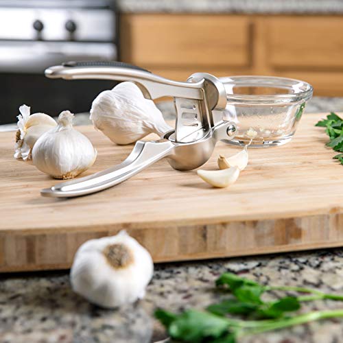 Homarden Garlic Press Mincer Tool - Handheld Garlic Crusher and Masher Kitchen Tool - Heavy Duty Garlic Smasher and Ginger Press - Self Cleaning Garlic Presser with Handle and Soft Rubber Comfort Grip