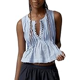 Women Y2K Tie Up Smocked Tank Tops Sleeveless Crew Neck Crop Shirred Top Cute Going Out Ruched Peplum Shirt