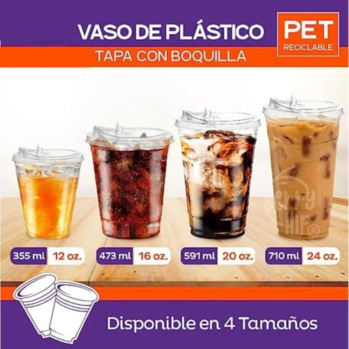 ROSE IMPACT Vasos Transparentes 16 oz con Tapa Tipo Boquilla para Bebidas Frías – Packs de 50 o 100 Piezas, Vasos con Tapa Incluida, Presentación Profesional (100)