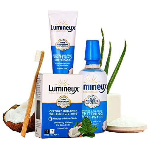 kit de blanqueamiento dental lumineux oral essentials - incluye 7 tratamientos  | 1 enjuague bucal blanqueador, 1 pasta de dientes blanqueadora y 1 cepillo de dientes de bambú | certificado como no tóxico, libre de flúor