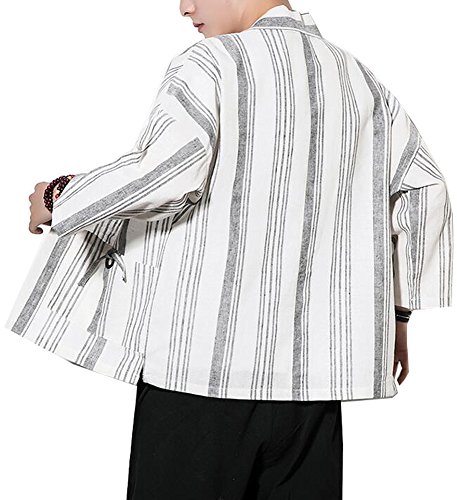 Men's Cotton Linen Retro Striped Kimono Cardigan Cloak Jacket 2XL (White Striped, Large)