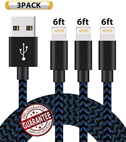 Zcen Compatible with Phone Cable,Phone Charger 3Pack 6FT Nylon Braided Compatible with Phone Xs/XS Max/XR/X/Phone 8 8 Plus 7 7 Plus 6s 6s Plus 6 6 Plus Pad Pod Nano - Black Blue