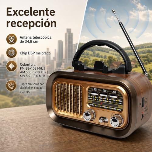 Radio Portátil Am/FM/SW Retro con Bluetooth, Batería Recargable 1200 mAh — foto 5 de 7