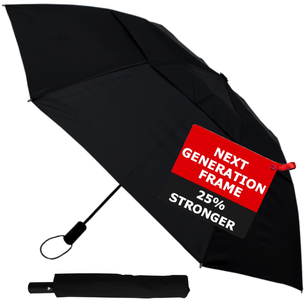 COLLAR AND CUFFS LONDON Our Strongest Folding Umbrella - 2-Fold Extra Strong Design, 42cm When Closed - StormDefender - Windproof Reinforced Fiberglass Frame - Vented Canopy Auto Black - Men Women