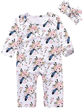 Unmega Baby Boy Girl Floral Romper Deer Jumpsuit Long Sleeve Onesies Bodysuit with Headband (100/12-18 months, Flower)