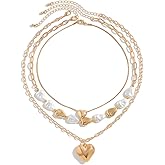 Chunky Heart Layered Necklaces for Women Men Layered Puffy Love Pendant Necklaces 14K Gold Plated Multilayer Chain Heart Stone Pearl Choker Necklace Pearl Jewelry
