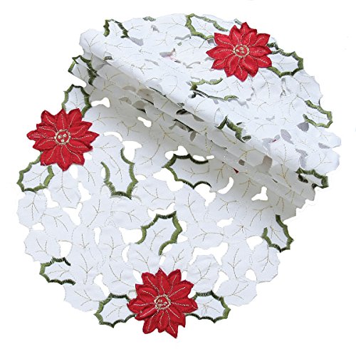 Xia Home Fashions Holiday Poinsettia Embroidered Cutwork Round Christmas Doilies, 12-Inch, Set of 4