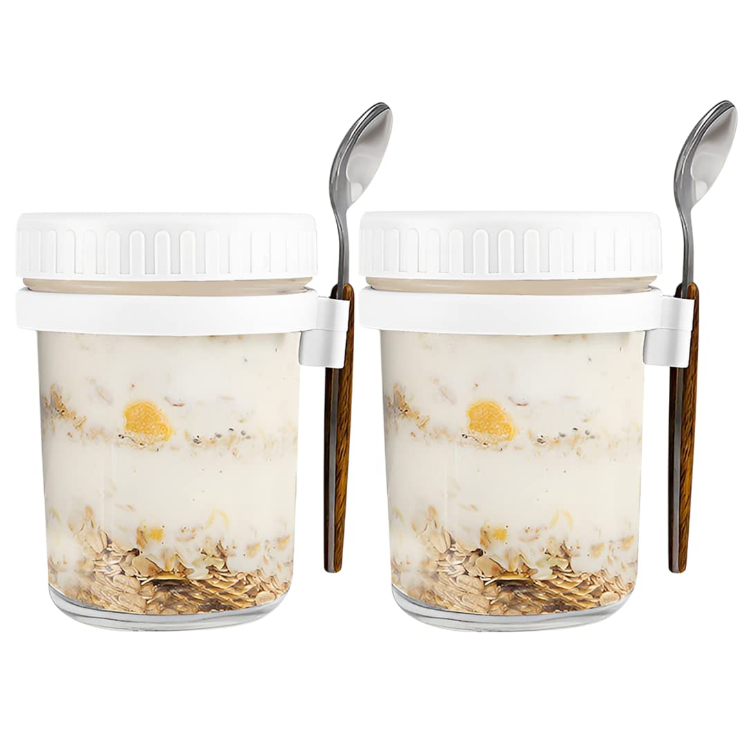 MEETOZ Overnight Oats Jars, Overnight Oats Container with Lid and Spoon, 10 oz Glass Mason Overnight Oats Jars with Measurement Marks, Large Capacity Airtight Jars for Milk, Cereal, Fruit (White2)