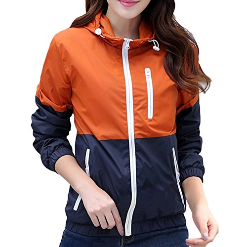 ZCL Women Quick Dry Windbreaker, Autumn Lightweight Hooded Jacket Sun Protection Outerwear Orange US Size S