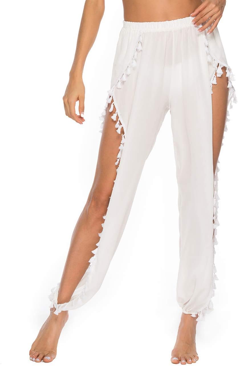 BlingfitWomens Cover Up Pants Sexy Hollow Out Crochet High Waist Mesh Beach Bikini Swimsuits Pants