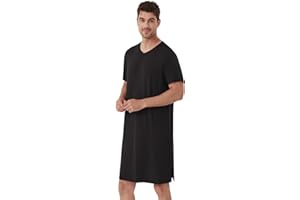 WiWi Men's Nightshirt Short-Sleeve Nightgown Viscose from Bamboo Soft Loose V-Neck Sleepwear Nightwear Sleepshirt Gowns S-XXL
