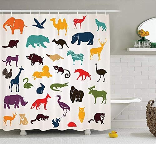 werert Zoo African and European Animal Silhouettes in Cartoon Style Safari Wildlife Zoo Theme 60 x 72 Inch Bathroom Waterproof Shower Curtain Decoration with Hooks