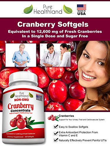 Non GMO Cranberry Concentrate Supplement Pills for Urinary Tract Infection UTI. Equals 12600mg Cranberries. Triple Strength Kidney Bladder Health for Men & Women. Easy to Swallow Softgels, 6 Bottles
