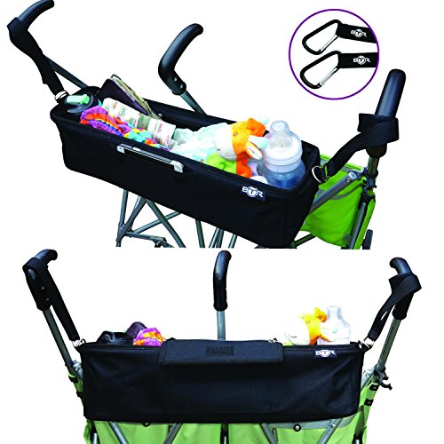 BEST DOUBLE STROLLER ORGANIZER Storage Bag for Double / Twin / Tandem Strollers, Exclusive Phone-Pocket Cell Holder & Waterproof Rain Cover. PLUS 2 FREE Stroller Hooks. Must Have Stroller Accessory