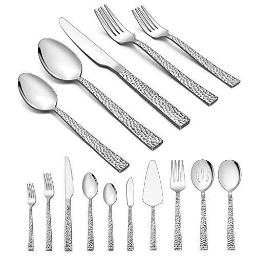 Homikit 45Piece Silverware Set with Serving Utensils, Stainless Steel Hammered Square Flatware