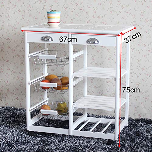 HomVent Small Kitchen Island Cart,Rolling Microwave Stand Baker Cart Trolley Table with 2 Drawer 3 Basket 3 Shelf for Kitchen Dining Room White