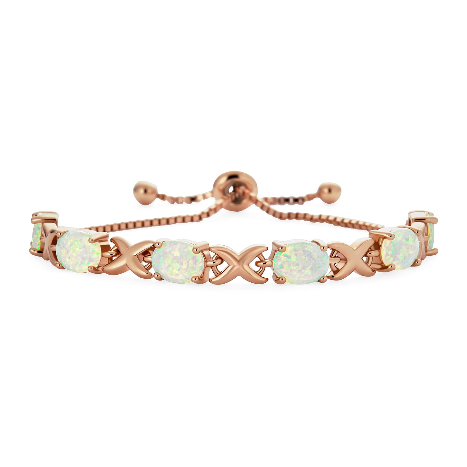 Bling Jewelry Gemstone Iridescent Oval Figure 8 & White Created Opal Tennis Infinity Bolo Bracelet For Women Rose Gold Plated .925 Sterling Silver Adjustable Slide 7 Inch