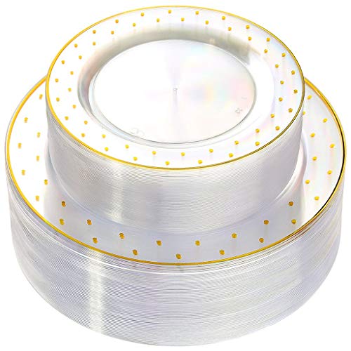 WDF 102pcs Gold Plastic Plates -Clear with Dot Design Crystal Disposable Wedding Party Plastic Plates include 51 Plastic Dinner Plates 10.25inch,51 Salad/Dessert Plates 7.5inch