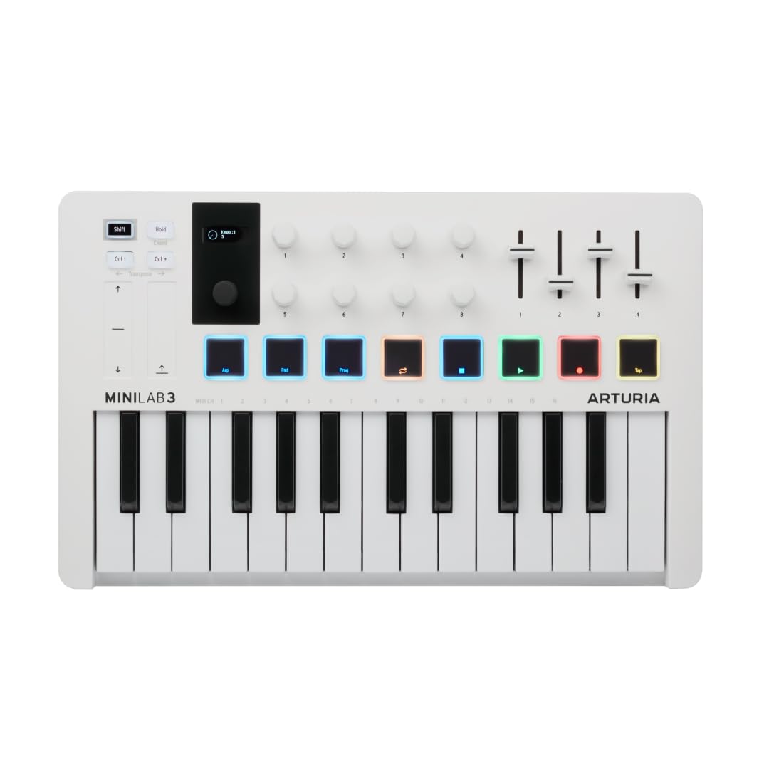 Arturia - MiniLab 3 - Universal MIDI Controller for Music Production, with All-in-One Software Package - 25 Keys, 8 Multi-Color Pads. - White