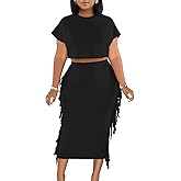 LYANER Women's 2 Piece Outfits Crew Neck Fringe Short Sleeve Crop Top and Tassel Trim Bodycon Midi Skirt Set