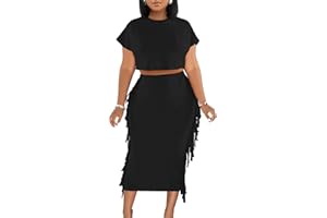 LYANER Women's 2 Piece Outfits Crew Neck Fringe Short Sleeve Crop Top and Tassel Trim Bodycon Midi Skirt Set