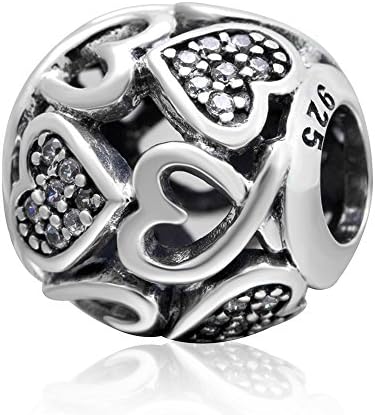 Charmstar Openwork Heart Charm with Clear CZ Antique 925 Sterling Silver April Birthstone Bead for Charms Bracelet