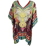 Mogul Interior Womens Short Caftan Dress Georgette Multi Digital Print Cover Up OneSize