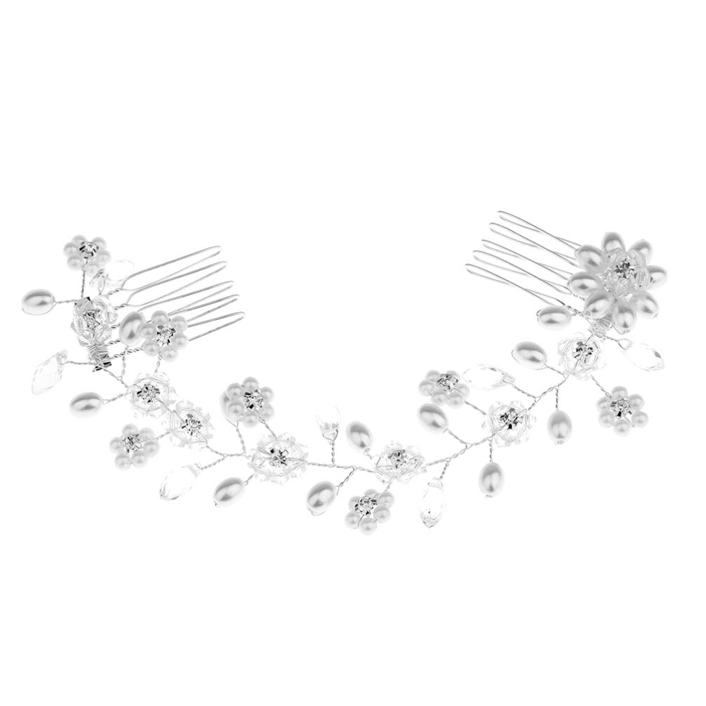 FRCOLOR Bridal Wedding Hair Comb Rhinestone Pearl Flower Side Comb Alloy Hair Piece Headwear Hair Accessories For Wedding Banquet Party (Silver)