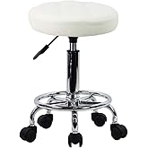 KKTONER Round Rolling Stool Chair PU Leather Height Adjustable Swivel Drafting Work SPA Shop Medical Salon Stools with Wheels Office Chair Small (White)