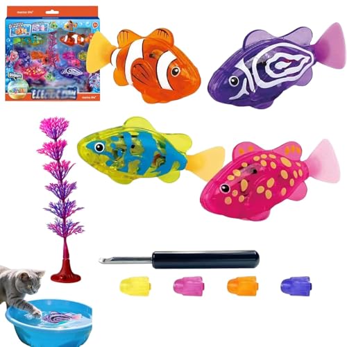 AM ANNA Magic Swimming Fish Toy Water-Activated Robotic, Glowing Light-Up Fish Interactive, 4PCS Pink Yellow Purple Orange with Seaweed, Floating Wagging Tail for Bathtub Pool Cat (4 Fish)