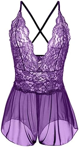 Nukawa Sexy Lingerie, Open Crotch Lace Mesh Crotchless panties Babydoll for Women Sex Plus Size Purple