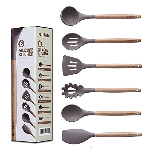 Silicone Cooking Utensils, 6 Pieces Nonstick Heat Resistant Kitchen Utensil Set BPA Free with Natural Wood Handle by Maphyton (6, Grey)