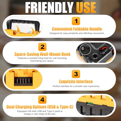 DCB104 Replacement for Dewalt Battery Charger Station, 4 Port Fast Rapid Charging Station with USB and Type-C Ports Compatible with All Dewalt 12V 20V Max Lithium Battery | Includes USB and Type-C Ports, 76.77in Detachable Power Cord, Wall-mounted, Multiple Safety Protection