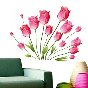 Decals Design StickersKart Wall Stickers Pink Tulips Bouquet (Multi-Colour)