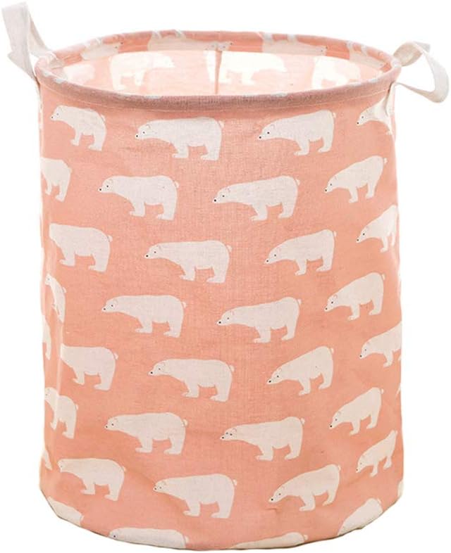 YABOO Collapsible Laundry Hamper PP Coating Cylindric Clothes Basket Large Capacity Toy Nursery Organizer Storage Hamper 15 X 17 inch (Pink Polar Bear)