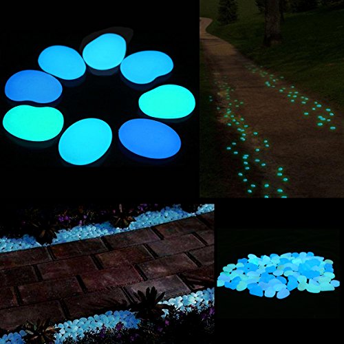 Unime Glow in the Dark Garden Pebbles Stones for Yard and Walkways Decor, DIY Decorative Luminous Stones in Blue (100 PCS)