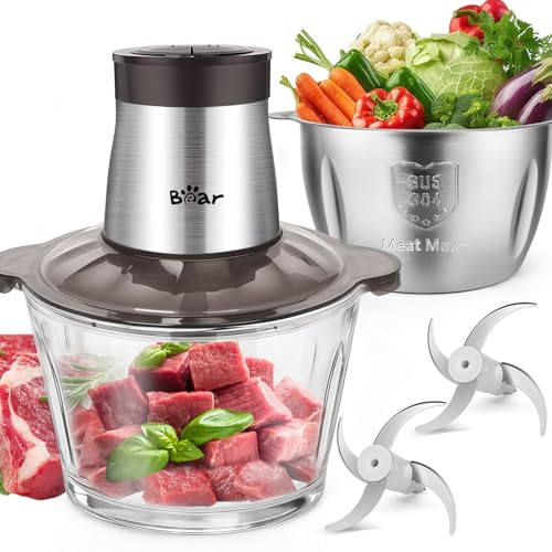 Bear 2 L + 1.8 L Electric Mini Chopper 600 W 2 Speed Levels Chopper with 4 Stainless Steel Blades and Meat Grinder, Glass Container Chopper for Meat, Baby Food, Fruit, Vegetables | Glass & 304 stainless steel bowls, 2 speeds, 4 steel blades, chopping meat, baby food, fruit, vegetables
