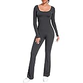 ECUPPER Women Long Sleeve Flared Jumpsuit Scrunch Romper One Piece Full Bodysuits Yoga Unitard Wide Leg Catsuit with Pocket