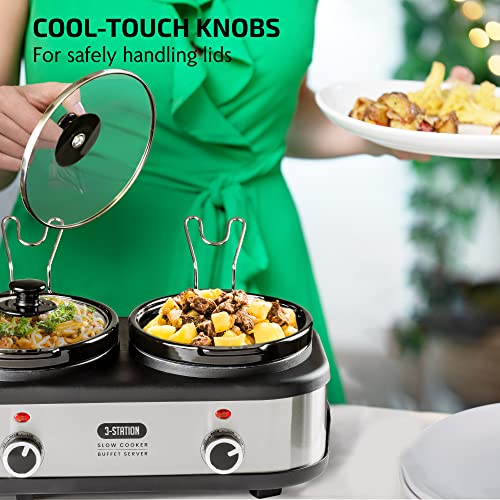 Ovente Stainless Steel Triple Slow Cooker Buffet Server with Glass Lid