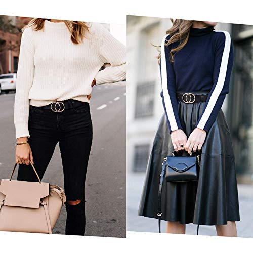 WERFORU Ledergürtel für Damen mit Goldene Schnalle Mode Doppel Rund Schnalle Gürtel Vintage Llässiger Hüftgürtel Taillengürtel für Jeans Hosen Kleider schwarz