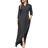 utcoco Womens Casual Button Down Denim Maxi Dress Lapel Long Sleeve Long Jean Dresses with Pockets
