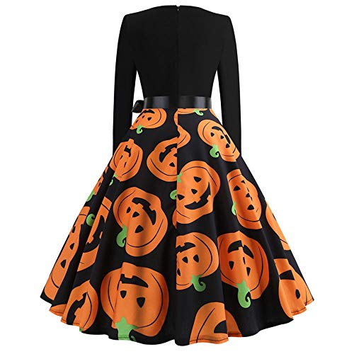 TOTOD Fashion Women's Vintage Print Long Sleeve Evening Dress- Ladies Halloween Party Swing Dress