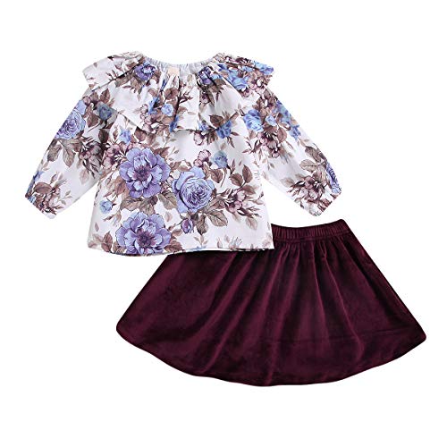 YOUNGER TREE Newborn Infant Baby Girls Skirt Outfits Floral Dress Ruffle Shirt Casual Clothes Costumes (Burgundy, 12-18 Months)