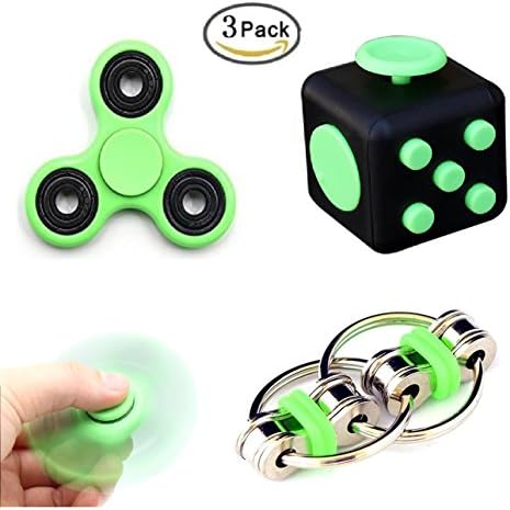 Ouker 3 Pack Fidget Toys,Fidget tri-Spinner,Fidget Cube,Bike Fidget Chain for ADD ADHD Stress And Anxiety Relief Green Set
