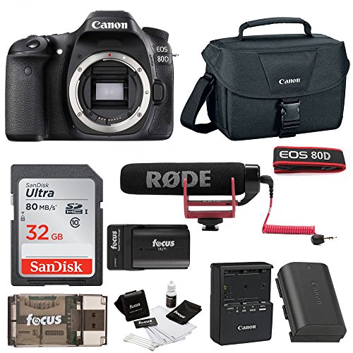Canon EOS 80D Digital Camera: 24 Megapixel 1080p HD Video DSLR Video Creator Bundle with 32GB SD Card Rode VideoMic GO Spare Battery & Travel Charger - Professional Vlogging Sports and Action Cameras